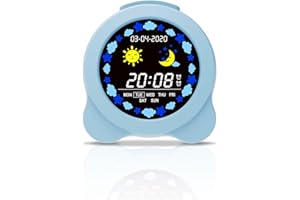 Shayson Sleep Trainer Clock for kids - Child Digital Alarm Clock for Sleep Training, LCD Display with Modes for Mornings and Nights, 6 Alarm Sounds, USB Powered (Blue)