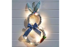 HAOSHICS Guirnalda de Conejo de Pascua con Luces para Corona de Puerta Delantera, Guirnalda de Forma de Conejo, decoración de Pared, decoración de ratán, Corona de círculo, Decoraciones de Pascua