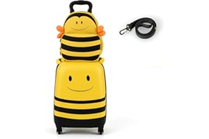 COSTWAY 2tlg Kinderkoffer + Rucksack, 12”+16” Kindertrolley aus Kunststoff, Kindergepäck mit Anti-Verlust-Seil & Griff, Kinder Reisekoffer Flugzeug, Hartschalenkoffer für Jungen & Mädchen (Bienen)
