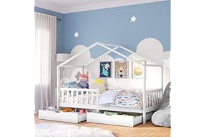 ‎BELLABINO Bellabino Bia Kinderbett 90x200 cm – Hausbett mit Rausfallschutz, Lattenrost & 2 Schubladen – Montessori Kinder Bett aus Massivholz Kiefer – Bett für Jungen und Mädchen mit Stauraum in Weiß