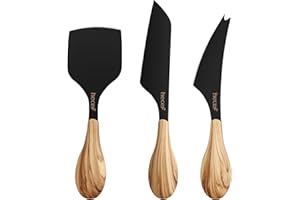 hecef Set di 3 coltelli da formaggio, lame in acciaio inox con rivestimento antiaderente nero, manici antiscivolo effetto legno, per formaggi morbidi e duri, tagliere di charcuterie e aperitivo