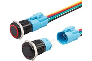 Bestgle 16mm Latching LED Push Button Switch with Pre-Wiring, IP65 Waterproof 1NO SPST ON/OFF Self-Locking Metal Switch with Wired Socket Plug for 5/8" Mounting Hole (Red LED Ring, 12V)