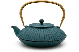 Bredemeijer Niebieski płaski dzbanek do herbaty Asia 1,1 litra żeliwny - azjatycki dzbanek żeliwny z sitkiem filtrującym do herbaty ze stali nierdzewnej