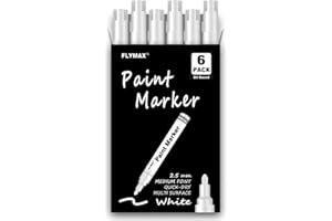 FLYMAX Lot de 6 marqueurs de peinture blanche permanents à pointe moyenne de 2,5 mm pour bois, roche, plastique, cuir, verre, pierre, métal, toile, céramique, tissu, pneu - Peinture à base d'huile