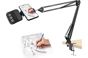 BROLAVIYA Overhead Video Mobile Stand with Rechargeble RGB LED Video Light, Metal Long Arm, 1/4" Ball Head Male for Camera, Gopro Webcams, Mobile Bracket for Desktop, Bedroom, Office