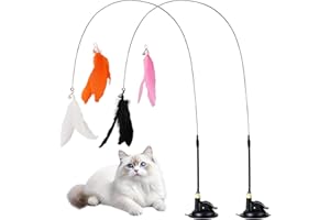 DEARBAG Zabawki dla kotów, 2 szt. Wędki dla kotów z przyssawkami, 4 piórami i dzwonkami, naturalne interaktywne zabawki dla kotów, wędki dla kociąt do poruszania się i zabawy