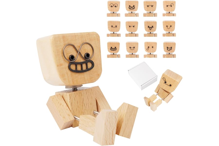 OLOSONG Shaking Wooden Man Figurine, Portable Handmade Shak Wood Figurine for Car Dashboard, Charming Little Wooden Figure That Sways with 12Pcs Magnetic Expressions, Home/Office Gift for Adults(1PC)