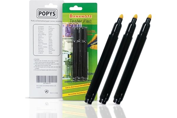POPYS® Pack 3 Unidades Detector Billetes falsos en color Negro - Detector billetes falsos - Rotulador billetes falsos - Detector de billetes falsos euros, dólares, libras, etc (3)