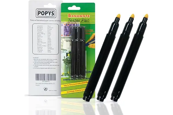 POPYS® Pack 3 Unidades Detector Billetes falsos en color Negro - Detector billetes falsos - Rotulador billetes falsos - Detector de billetes falsos euros, dólares, libras, etc (3)