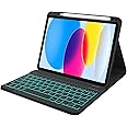 typecase Detachable Keyboard Case for Latest iPad 10th Gen 2022, with Pencil Holder, 7 Colors Backlit, Bluetooth Connection,Folio Cover, Multi Angle (Black)-10.9"