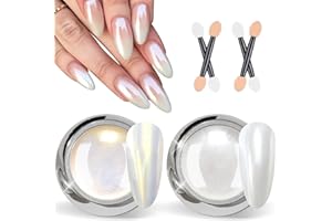 BISHENGYF White Pearl Chrome Nail Powder - 2 Pcs Mirror Effect Aurora Magic Pearlescent Nail Jewelry Mirror Glitter Nail Chrome Powders Holographic Pigment, Mermaid Pearl Aurora Dust Nail Powder