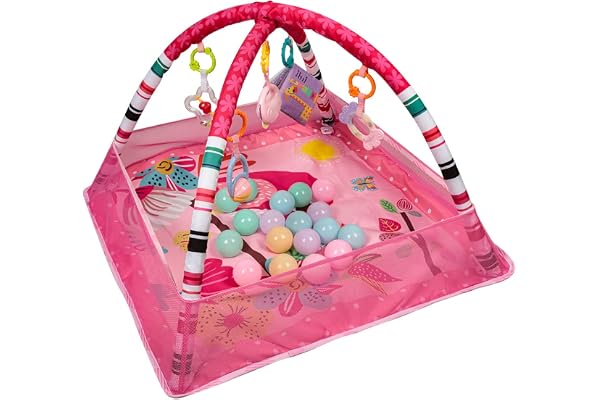 XUANYU Tapis d'éveil Bébé avec Piscine à Balles, Tapis Eveil Evolutif, pour Garçons et Filles, Arches de Jeu et Jouets (Rose C)