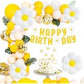 Daisy Birthday Balloons Set, XXL Foil Balloons with Garland Happy Birthday Flower Party Kids Birthday White Yellow Balloons f