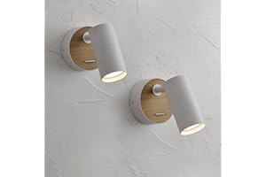 OUGLRES Lámpara de Pared Con Interruptor Blanco, 2 Pack Madera Vintage Spot de Aluminio, Pantalla Giratoria Industrial Compacto Interior Para Cama, Dormitorio, Pasillo, Gu10
