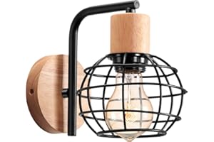 LIGKIN Lampada da Parete Vintage Industriale Applique da Parete Interno in Legno Metallo E27 Retro Gabbia Design Lampada a Muro Applique Legno Illuminazione per Soggiorno Bagno Corridoio Scale (Nero)