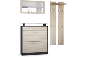 Vladon Garderobe Loret Mini, Garderobenset bestehend aus 1 Schuhschrank, 1 Wandspiegel und 2 Garderobenpaneele, Schwarz matt/Eiche Sägegrau
