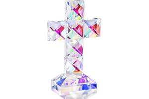 QFkris Colorful Crystal Cross Standing 5'' Tall Traditional Cross Figurine Glass Craft Memorial Gifts Christian Decor