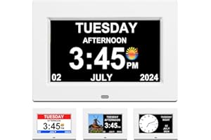 CAZOKASI （No Power adapter） Clock With Day And Date For Elderly Calendar Digital Alarm Options, Level 5 Auto Dimmable Display,Extra Large Impaired Vision