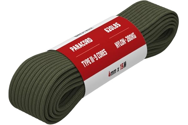 Brotree Paracorde 4mm 9 Brins Corde en 100% Nylon (15m, 30m, 50m) Type III Corde Parachute pour Survie, Extérieur, Bricolage - 280kg Charge de Rupture (Armée Verte, 15m)