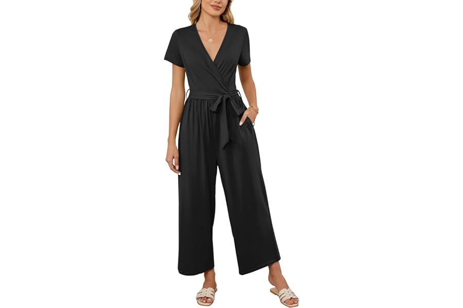 OUGES Women's Summer Jumpsuits Overall Long Playsuit Short Sleeve Casual Jersey Playsuit With Pockets