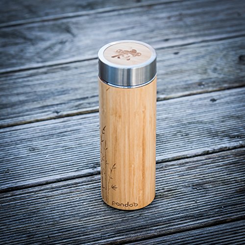 pandoo ♻ Bambus Thermobecher – doppelwandige Thermoflasche, Reisebecher, Teebereiter, Teeflasche, Trinkflasche mit Edelstahl Teesieb- BPA-frei – Tea to-go - 7