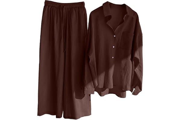 Tvådelad dräkt i ledig stil för damer, byxor och skjorta, bekväm outfit i retrostil, perfekt för vardag, plusstorlek, bomullstyg med knappar, hög midja, lös passform, fickor, byxdress