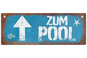 ‎SPEECHEESE Zum Pool geradeaus Metallschild in Rostoptik schönes Blechschild für den Pool als besondere Pooldekoration oder Geschenk für Poolbesitzer um die Richtung anzuzeigen