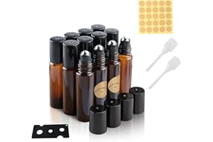 TECDW Roll on Aceites Esenciales 10ml, 12 pcs Roll On Rellenable con Roll-on Bola de Acero Inoxidable, Essential Oil Bottle, Marrón Botellas Roll On Cristal para Perfumes, Masajes, Aromaterapia
