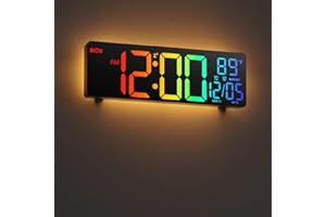 HAITANG 10.5'' Digital Wall Clock with Remote Control, Dual Alarm Wall Clocks for Living Room, Bedroom, Kitchen Decor, 8 RGB Colors Large LED Dispaly, Auto Brightness, Date, Auto DST, Temperature