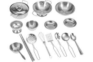 VACANON Kids Toy Mud Kitchen Accessories, 16PCS Stainless Steel Children Mini Kitchen Utensils Pan Pots Cookware Cooking Play Set for Outdoor Kids Toddlers…