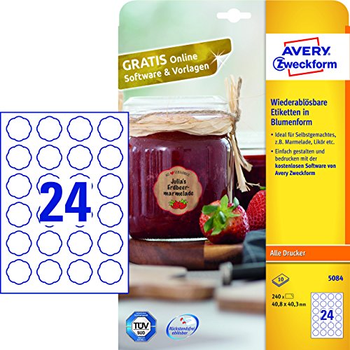 Etiquetas para mermelada Avery Zweckform 5084 A4 240 etiquetas forma de flor despegable 40 8 x 40 3 mm 10 hojas color blanco Etiquetas para mermelada Avery Zweckform 5084 A4 240 etiquetas forma de flor despegable 40 8 x 40 3 mm 10 hojas color blanco