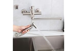 HomeLava Robinet de cuisine mural avec pistolet pulvérisateur et 2 types de jet d'eau, bec rotatif à 360° 350 mm, en acier inoxydable brossé, robinet d'évier pour évier