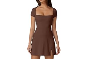 QINSEN Damen-Tenniskleid mit quadratischem Ausschnitt, kurze Ärmel, integrierte Shorts, Golfkleid mit Taschen