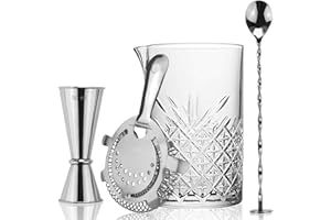 FLOW BARWARE Set da 4 pezzi per cocktail | brocca di vetro, filtro Hawthorne, cucchiaio per miscelazione di bevande giapponesi e cocktail cucchiaio grande, 725 ml