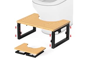 GLARETEX Toilet Stool Squat Adult Foldable WC Hocker Metal Leg & Bamboo Surface Height Adjustable Bamboo Durable C-Shaped Stool for Hemorrhoids, Constipation, Bloating, Black