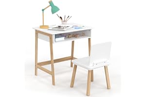 IDMarket – Conjunto de escritorio + 1 silla infantil Anatole con nicho blanco y madera