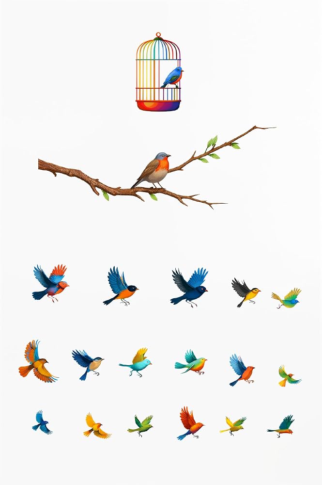 Duvar Sticker Seti, Renkli Uçan Kuşlar ve Kafes Temalı, Dekoratif Çıkartma Koleksiyonu