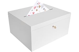 Creative Deco Weiße Holzkiste mit Deckel Kartenbox Hochzeit | 29x25x15 cm | Geldgeschenke Holzbox mit Schlitz, Schloss und Schlüssel Geschenkkarten Box Geldbox Briefbox Kasten | Lagerung Spendenbox