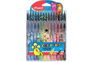 Maped - Rotuladores de Colores para Niños - Color's Peps Monster - 12 Rotuladores de Punta Media + 15 Lápices de Colores - Decorados con Dibujos - TInta Lavable - Estuche Reutilizable