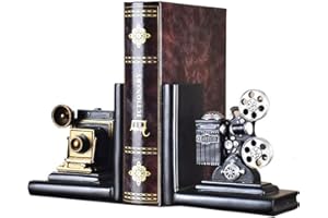 E-isata - Sujetalibros para estantes, diseño de proyector de cine antiguo, vintage, hipster, pesado, también para CD y DVD, oficina, regalos, decoración