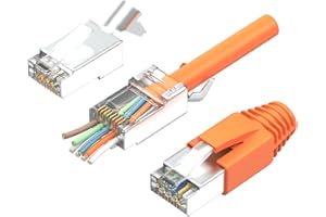 RJ45 Connector Cat7 Set of 10 | Network Plug, Pass Through & Shielded | Includes Strain Relief, Kink Protection Sleeve Orange & Insertion Aid | Ideal for CAT 7, Cat6A Installation Cable AWG23 | 8-Pin