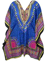 Indiatrendzs Women's Short Boho Kaftan With Dashiki Print And Dori On Waist 54"