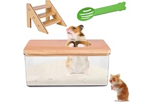 HOMURY Przezroczysta łazienka z piaskiem dla chomików, chomików, piaskowa skrzynia łazienkowa z drabinką, pokrywą z naturalnego drewna i szuflą, pojemnik na kąpiel piaskową dla chomików, chomików