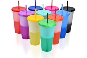 PALUDO 10 Stück Wiederverwendbare Plastikbecher mit Deckel und Strohhalmen, 710ml Farbwechsel Becher, Farbewechselnde Partybecher, Mehrweg Travel Mug Tumbler, Trinkbecher für Kinder Erwachsene