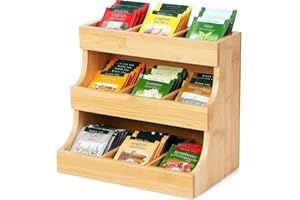 MAGNA RETAIL Bamboo Tea Bag Organiser | Holds up to 180 Tea Bag Holder | 3 Tier Vertical Tea Caddy | Wooden Tea Box Organiser for Home Office or Cafe | Teabag Storage for Tea Coffee Sugar Packets