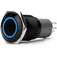 DC12V 16mm 5/8" Anneau Bleu Led Momentary Bouton-Poussoir en Métal Voiture DIY Interrupteur Noir
