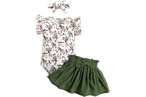 KONFEN Conjunto Ropa Bebe Niña Recien Nacido, Manga Corta Mono con Volantes + Falda + Diademas Conjunto de 3 Piezas para Bebés 3-24 Meses (Floral/Estampado de Leopardo)