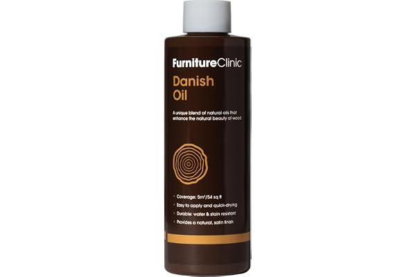 Furniture Clinic Huile Danoise Supérieure Protège Tous Types de Bois Nu en Finition Satinée - Traitement Entretien Int/Ext Agréée Alimentaire - Rétablit la Beauté, Imperméabilise, 250 ml