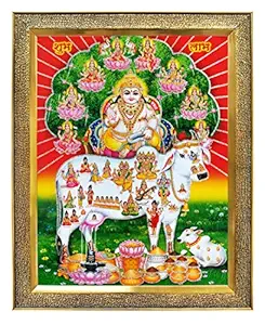 khanna dhan kuber ji and kamdhenu cow with Ashtalakshmi gold coin for Success Achievement Photo Frame for Wall Hanging/Temple/puja Room/Home Decor Golden Frame with Acrylic Sheet (Glass)