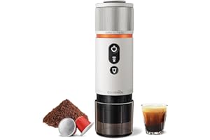 CONQUECO Macchina da Caffè Espresso Portatile - Caffettiera Elettrica da Viaggio con Batteria - per 12V Auto e Camion e Campeggio - Compatibile con la Capsula Nespresso e la Capsula L'or (Bianco)